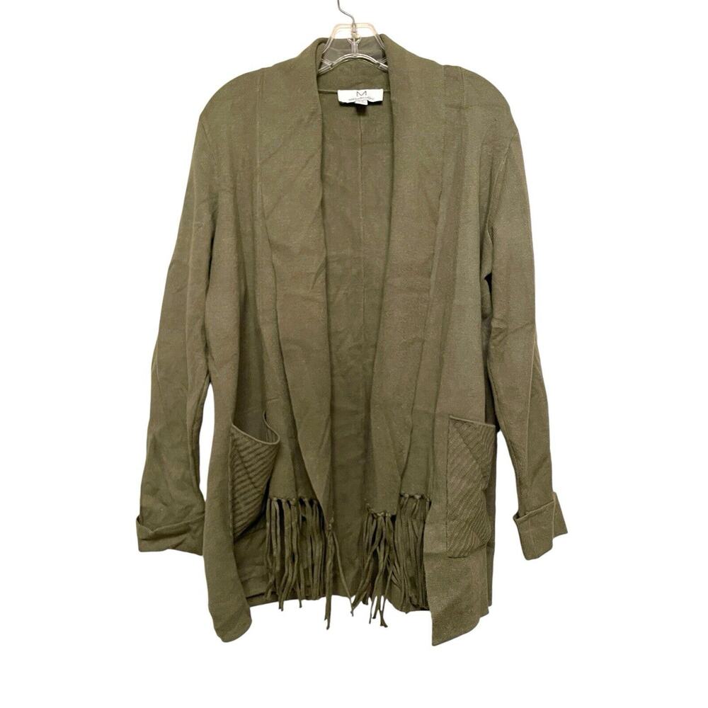 Magaschoni Open Fringe Cardigan Sweater Women Size Large Olive Green Western